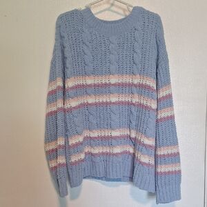 Girl's Large 14/16 Blue Cable Knit Sweater with Stripes